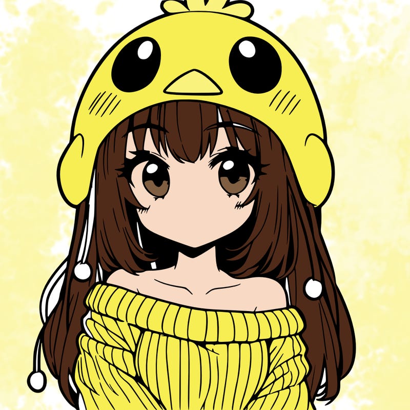 anime girl with chick shaped hat with sweater with bare shoulders with bangs covering them one eye with low tail