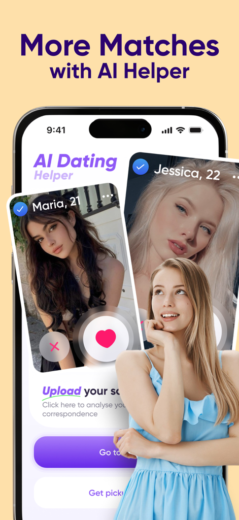 AI Dating Assistant: Badoo - Interface of the AI Dating Assistant app displaying dating profiles and a prompt to get more matches with AI help.