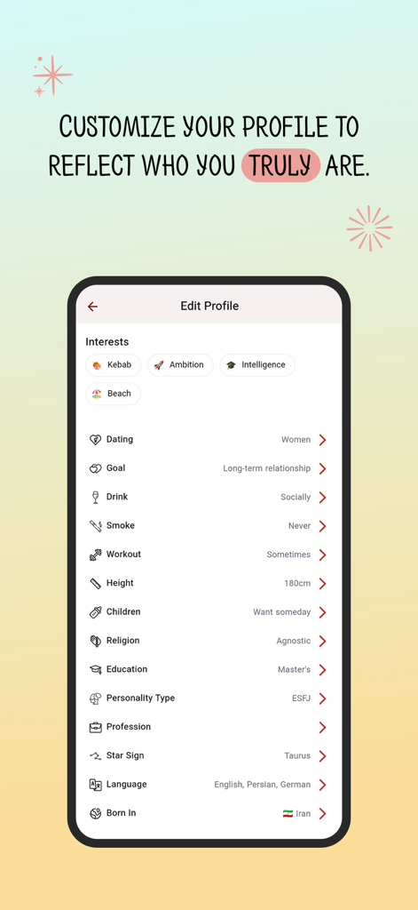 Azizam - Persian Dating App - Ein Screenshot des Azizam App-Profilbearbeitungsbildschirms, der Benutzerinteressen und persönliche Details für persisches Dating zeigt
