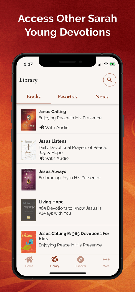 Library view in the Jesus Calling app showing a collection of devotional books by Sarah Young including Jesus Listens and Jesus Always.