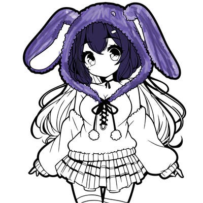 pretty anime girl wearing a fluffy hoodie with bunny ears on the hood and a skirt