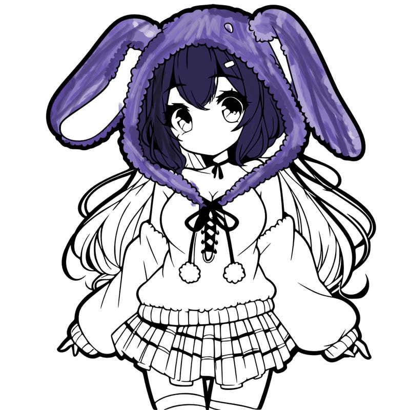 pretty anime girl wearing a fluffy hoodie with bunny ears on the hood and a skirt