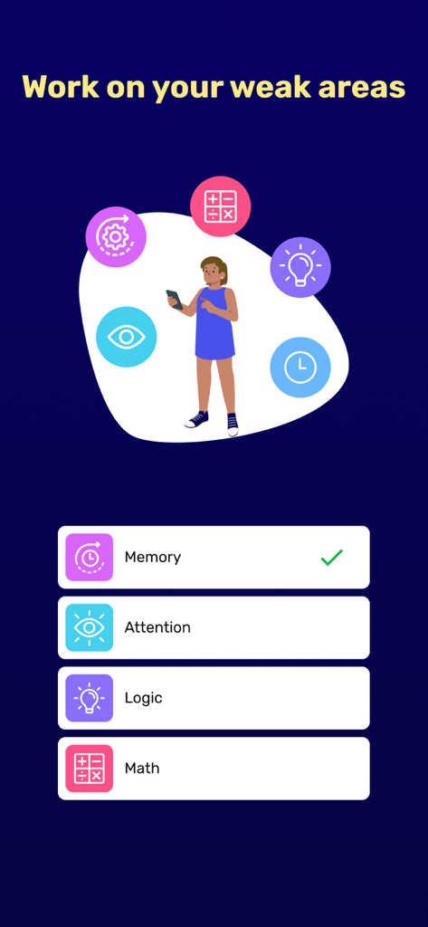 Brain & Mind  IQ Games, Quests - Pantalla de aplicación móvil que muestra categorías de entrenamiento cognitivo como memoria, atención, lógica y matemáticas para mejorar el cerebro