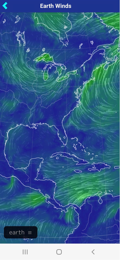 Earth winds map showing atmospheric wind patterns over North America and the Atlantic in Mikes Weather Page app