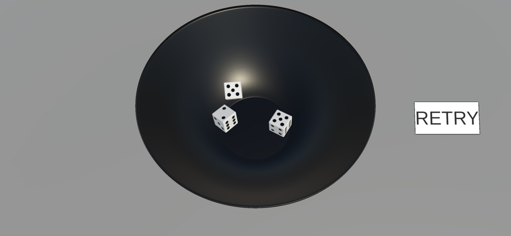 チンチロ~Pro~ - チンチロゲームセッション中に、黒いボウルの中に置かれた3つの白いサイコロ