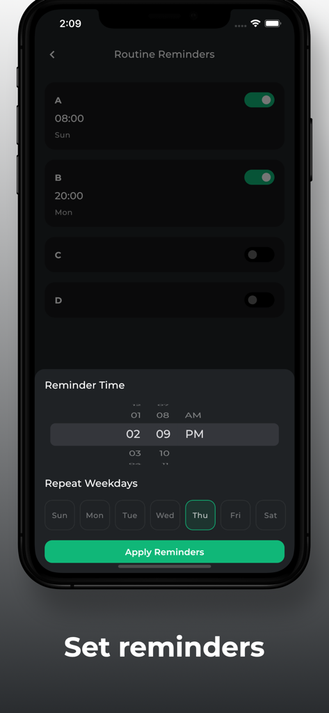 Interface for setting workout routine reminders with time and day selectors