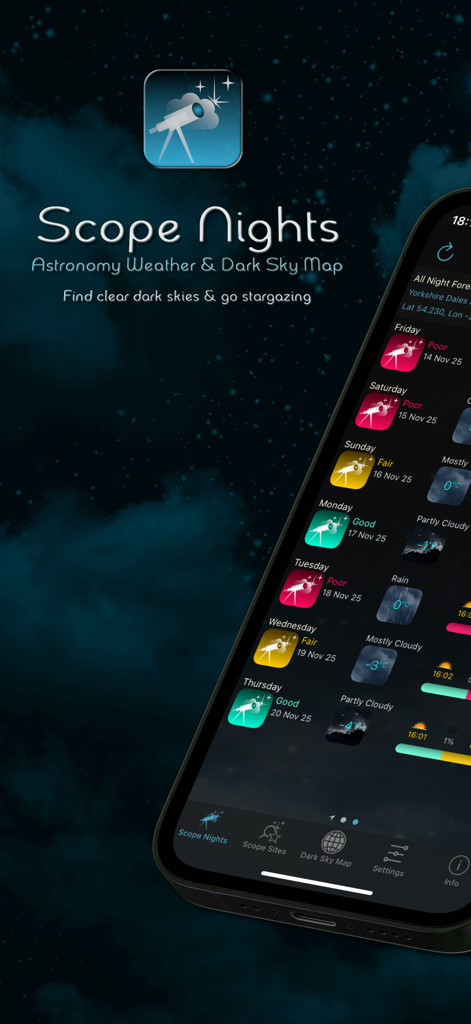 Scope Nights Astronomy Weather - Scope Nights app showing a weekly stargazing weather forecast on an iPhone.