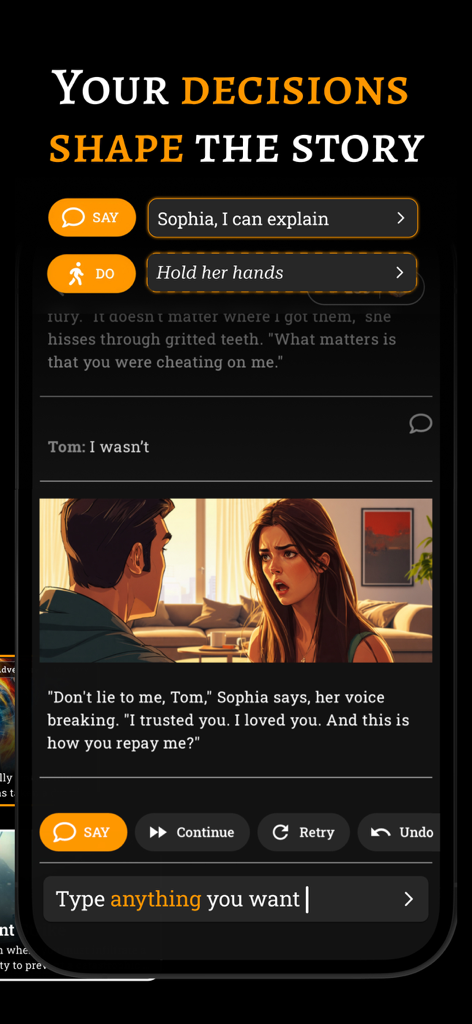 A screenshot of FableAI showing an interactive story scene with dialogue options and AI-generated character visuals.