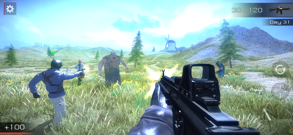 First person shooter gameplay showing a player aiming an assault rifle at zombies in an open field