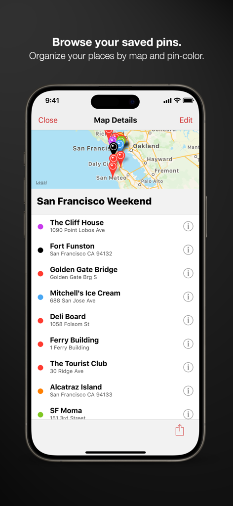 Pinbox - Map Your World - Pinbox app interface showing a list of saved San Francisco locations with color coded pins on a map