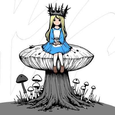 realistic girl sitting on a huge tree stump size toadstool with thorn crown