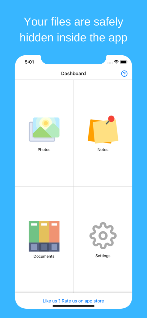 Panel de la aplicación Hide it Pro mostrando categorías para fotos, notas y documentos
