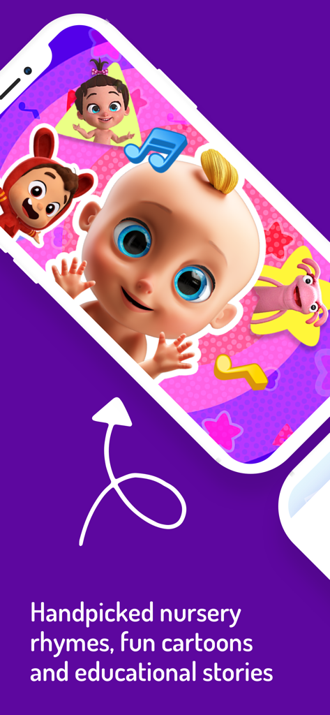 KIDSY Baby Kids Nursery Songs - Mobile screen showing Kidsy app with nursery rhymes and educational cartoon characters