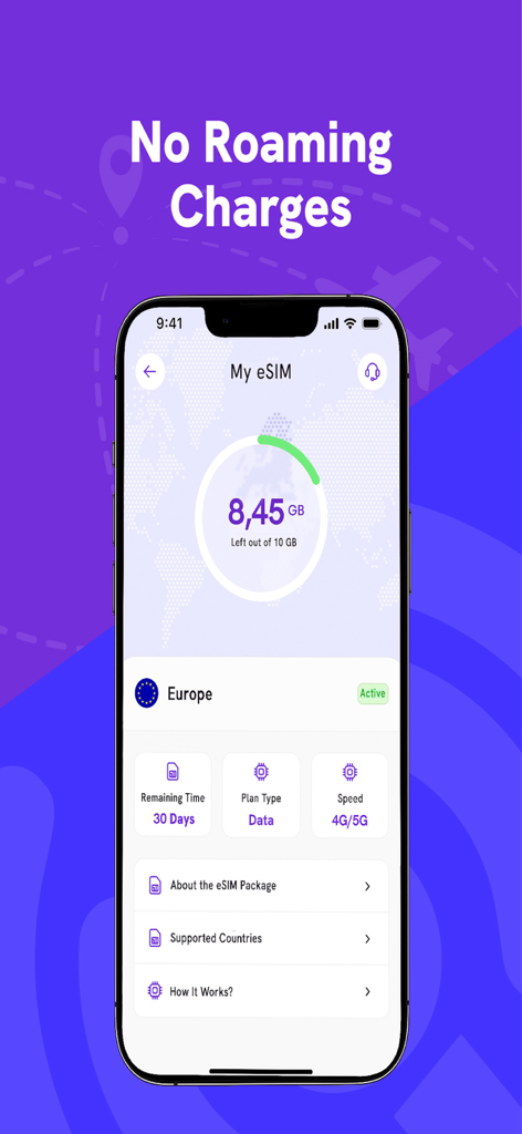 Enjoy eSIM: Global Internet - Smartphone display showing the Enjoy eSIM app interface with an active data plan for Europe.