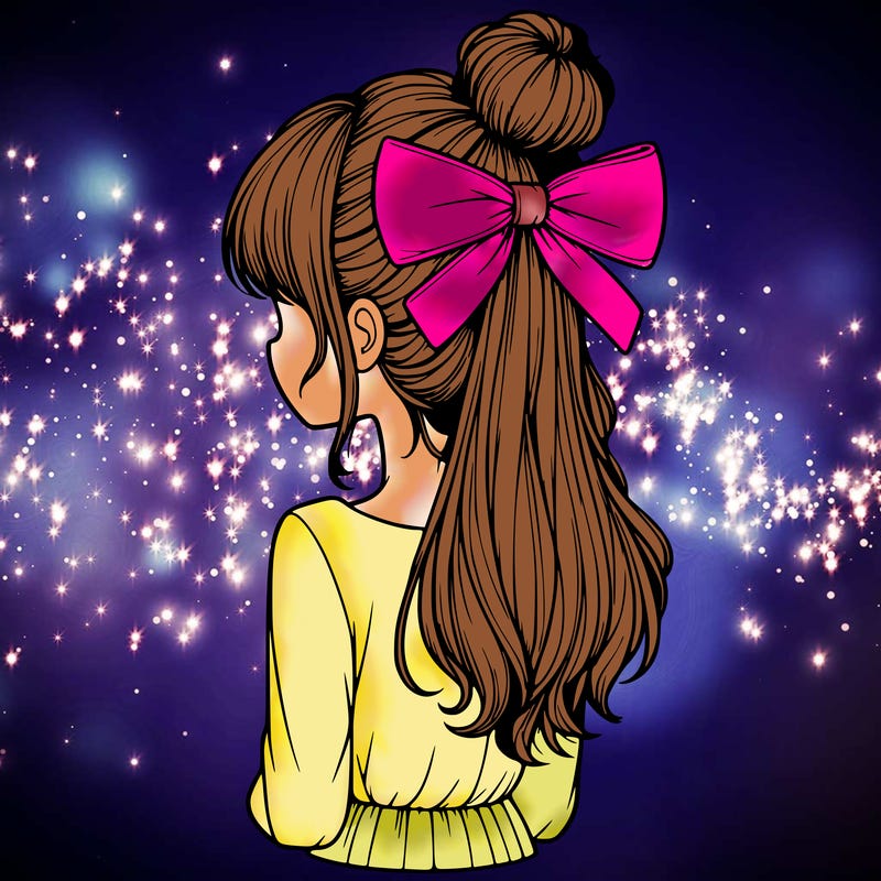 realistic girl  with hip length hair a bun and a big bow on the back of head