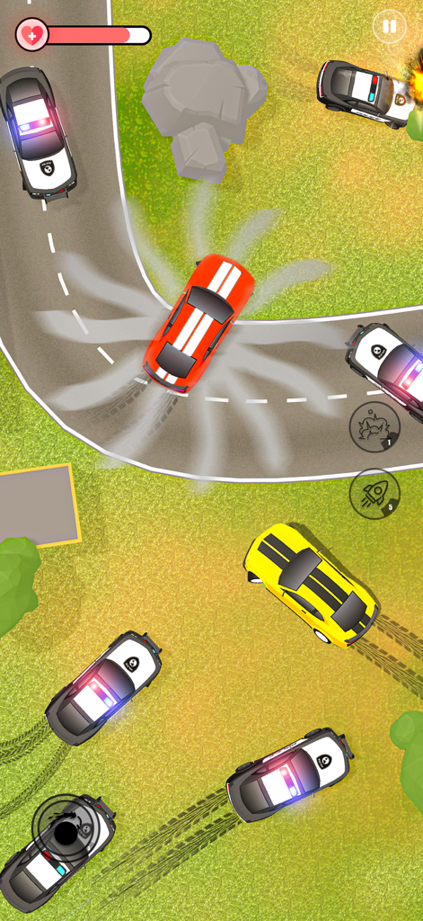 Police Car Chase Police Games - Vista cenital de un coche deportivo rojo derrapando en una carretera mientras es perseguido por múltiples coches de policía en un juego arcade