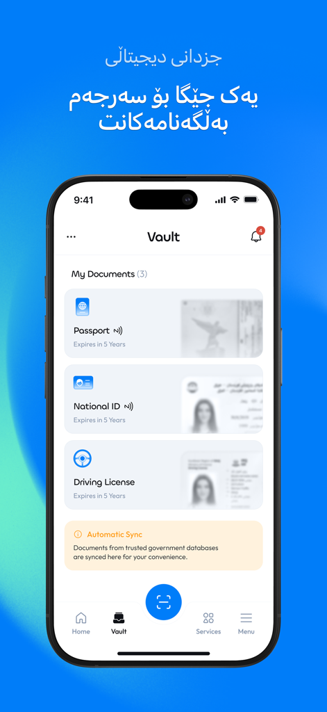 iPhone-Bildschirm mit der KRDPass-App Dokumententresor mit digitalen Versionen eines Reisepasses, Personalausweises und Führerscheins.