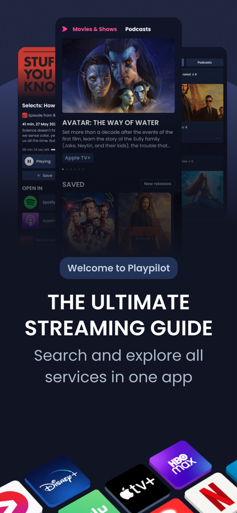 PlayPilot - PlayPilot mobile app screen displaying the ultimate streaming guide title with a selection of popular streaming service icons