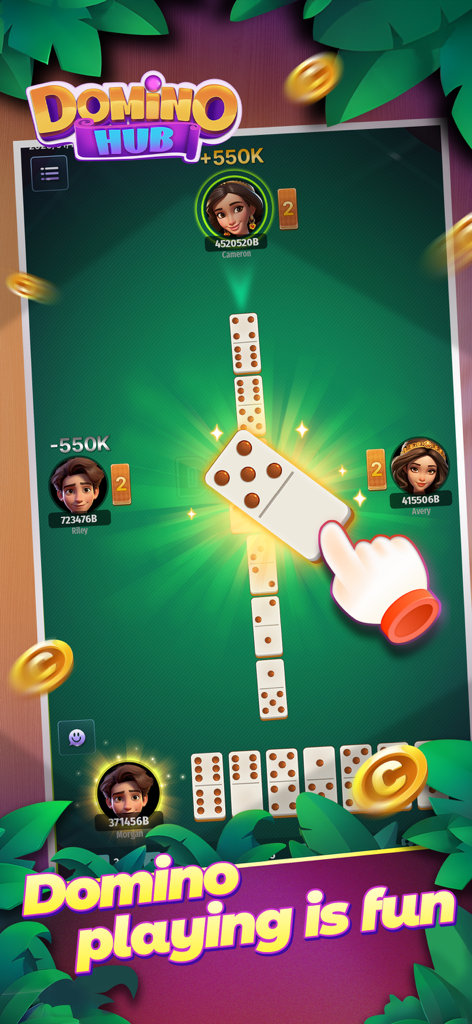 Domino Hub - A multiplayer dominoes match in the Domino Hub app featuring personalized avatars and classic gameplay.