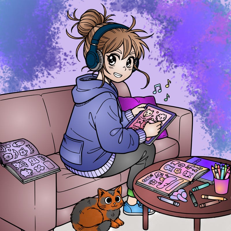 cozy girl with inattentive adhd coloring on the couch listening to music