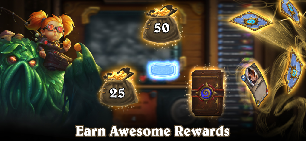 Hearthstone game interface showing gold bags and card packs as rewards