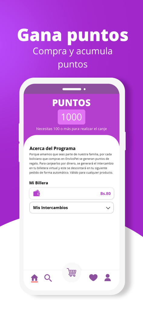 Envios Pet – Petshop Delivery - Envios Pet app loyalty rewards screen showing points balance and virtual wallet