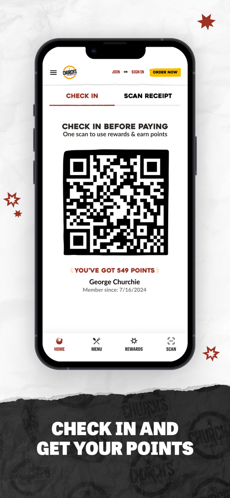 Church's Texas Chicken® - Churchs Texas Chicken app rewards scan screen displaying a QR code and current points balance