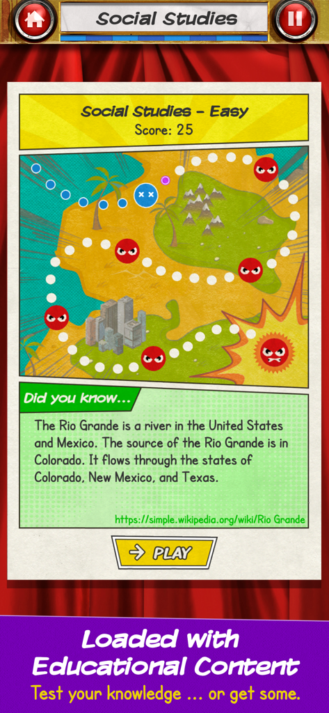 Atomic Hangman Jr - Atomic Hangman Jr game screen featuring a social studies level map and educational facts about the Rio Grande
