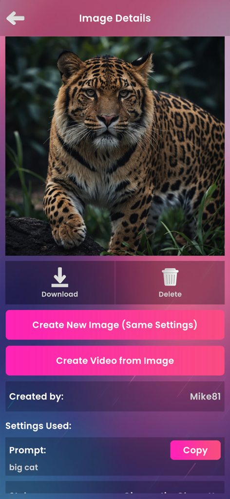 The image details screen of Pablo AI app displaying a generated leopard like big cat with options to download and create video