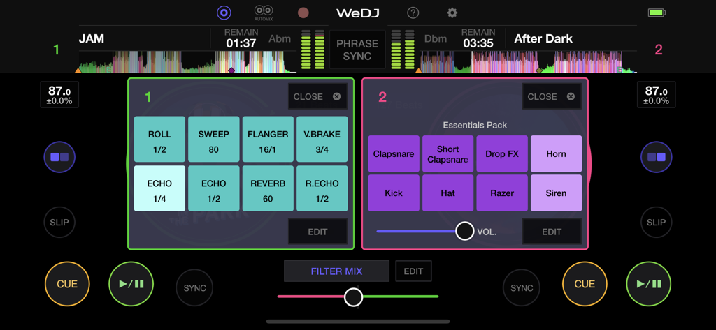 WeDJ for iPhone app interface featuring performance pads for sound effects and sampler kits