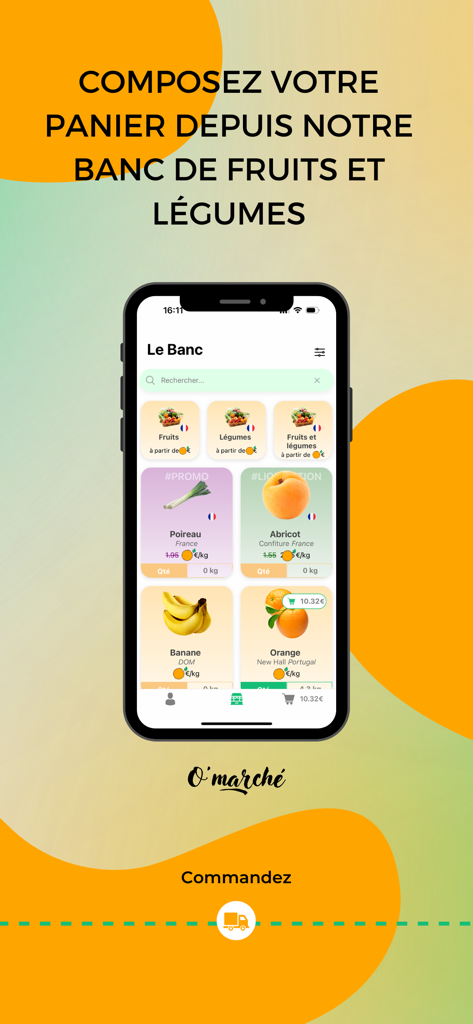 O'marché - Mobile app screen showing a variety of fresh fruits and vegetables for local delivery
