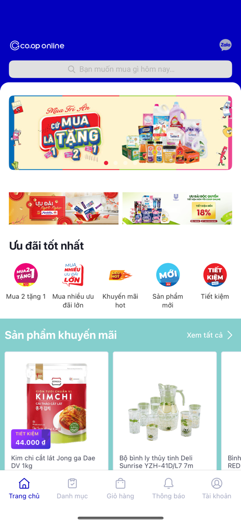 Co.op Online mobile app home screen showing grocery categories and promotional banners.