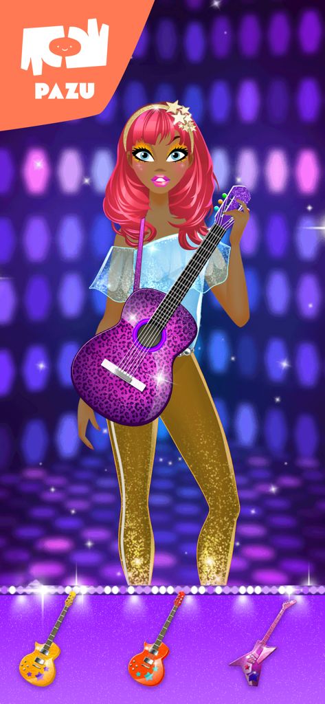 Uma menina popstar com cabelo rosa segurando uma guitarra roxa com estampa de leopardo no palco