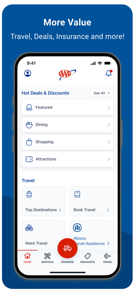 AAA Mobile - AAA Mobile app home screen showing travel and discount features