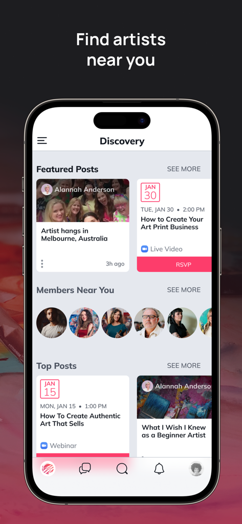 Milan Art - The Milan Art app discovery screen showing featured posts and a list of artists near the user