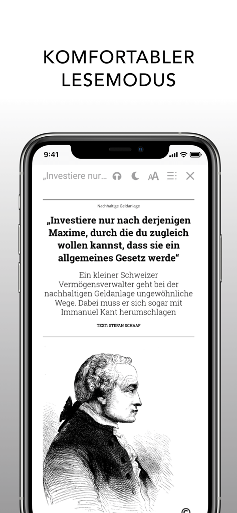 Modo de lectura cómodo de la aplicación Capital Magazin en la pantalla de un iPhone