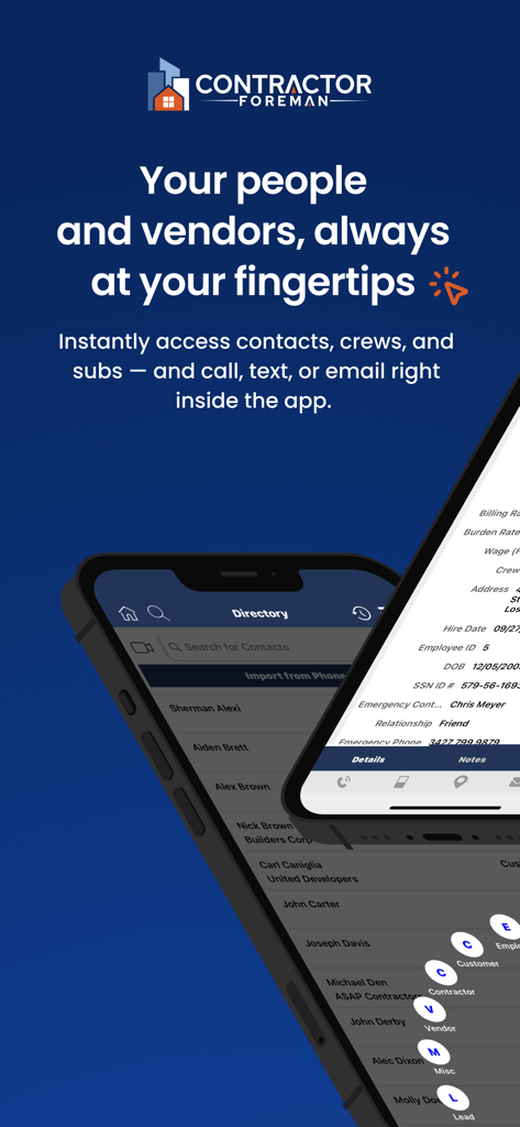 Écran d'annuaire de l'application Contractor Foreman montrant les listes de contacts pour les employés et les fournisseurs.