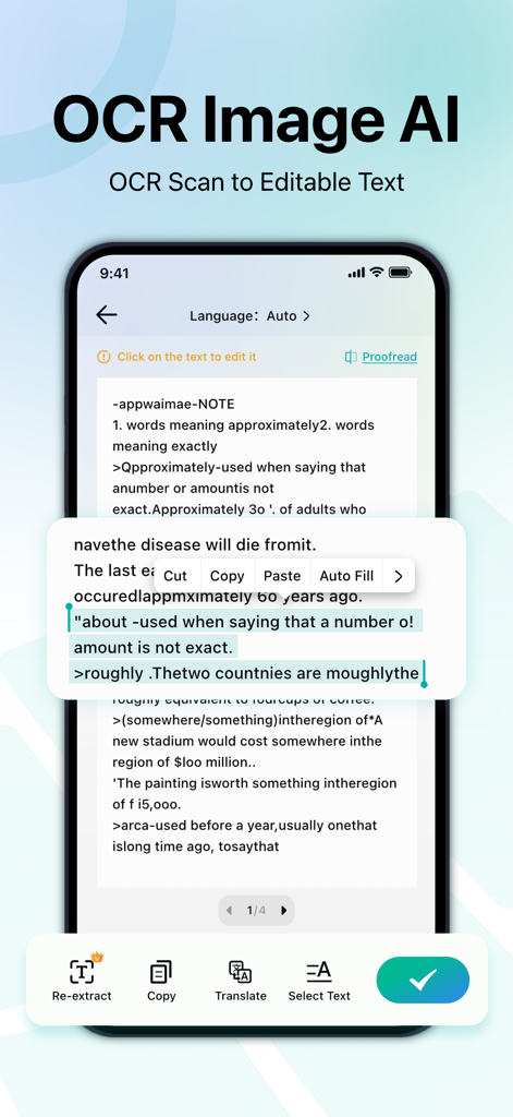 PDF Scanner App: Ai Scanner - An iPhone screen displaying the OCR feature of the PDF Scanner App converting scanned document images into editable text