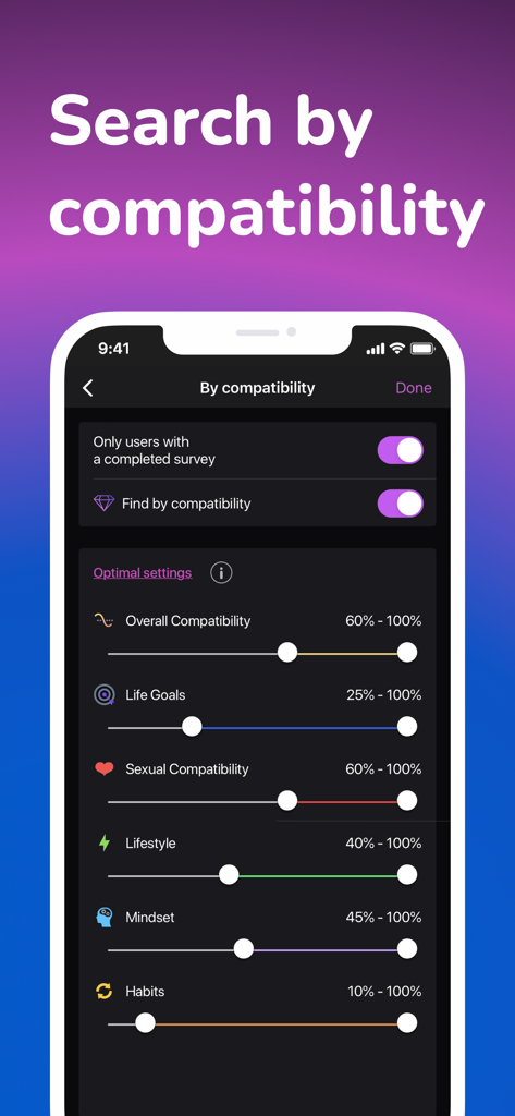 Fiorry: Transgender Dating - Fiorry app compatibility search screen showing sliders for life goals and lifestyle
