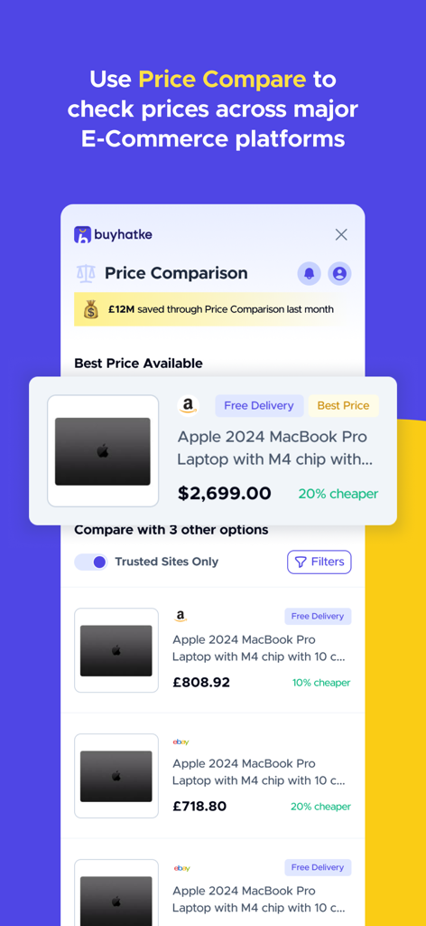 Buyhatke Price Tracker, Coupon - Buyhatke app interface comparing MacBook Pro prices across major ecommerce platforms like Amazon and eBay