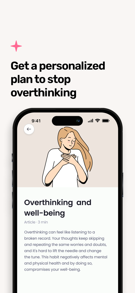 Mindway: Stop Overthinking - Mindway app interface displaying a personalized plan to stop overthinking and a lesson on well-being