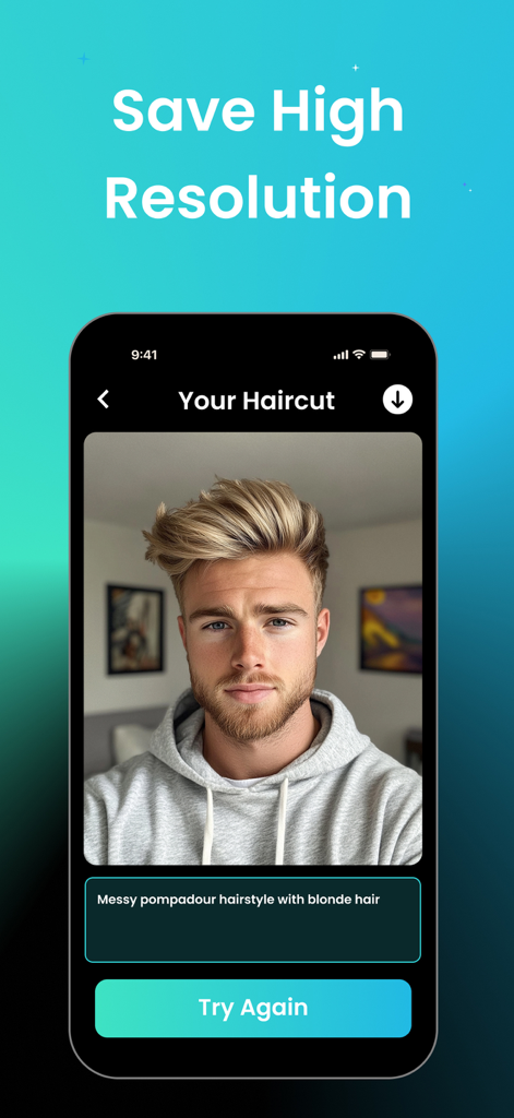 Hairstyle Try On: Hair cut - App di prova acconciature AI che mostra un taglio di capelli pompadour biondo spettinato ad alta risoluzione per uomo