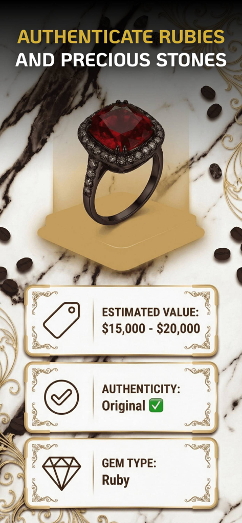 Gemly app screen showing the identification and $15,000-$20,000 appraisal of a ruby ring