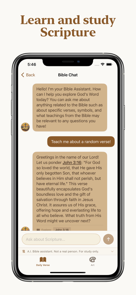 Bible Chat - Una pantalla de smartphone que muestra una interfaz de chat de la aplicación Bible Chat donde un asistente de IA explica Juan 3:16.