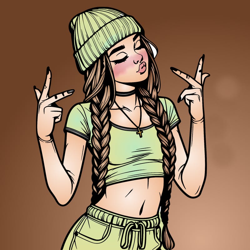 realistic teenage girl with braids and a beanie and crop top doing 🫶🏼