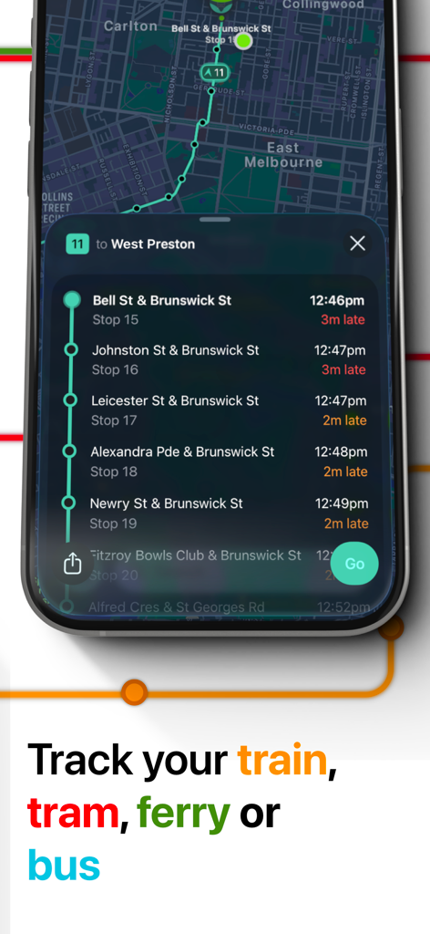 NextThere - NextThere app interface showing real-time tram route tracking with live arrival times and delay notifications on a map