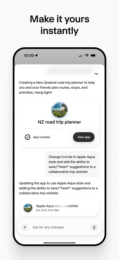 Wabi - Interfaz de la app Wabi mostrando la creación por IA de un planificador de viajes por carretera personalizado a través de sencillas indicaciones de texto.