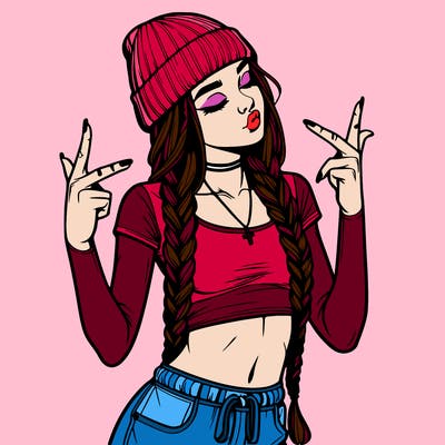 realistic teenage girl with braids and a beanie and crop top doing 🫶🏼