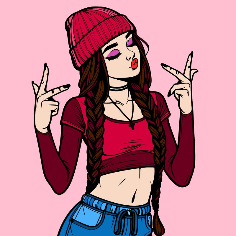 realistic teenage girl with braids and a beanie and crop top doing 🫶🏼