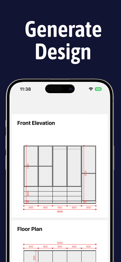 Closet Design App - Front elevation and floor plan of a closet with precise measurements